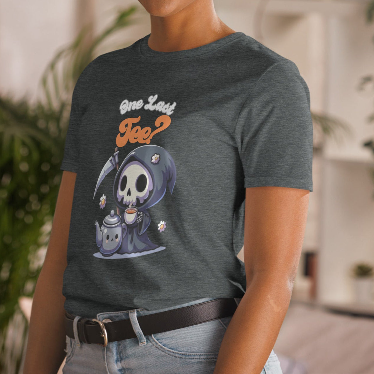 Design of a cute kawaii dark reaper enjoying a cup of tea. Short-Sleeve Unisex T-Shirt - DarkSongWear