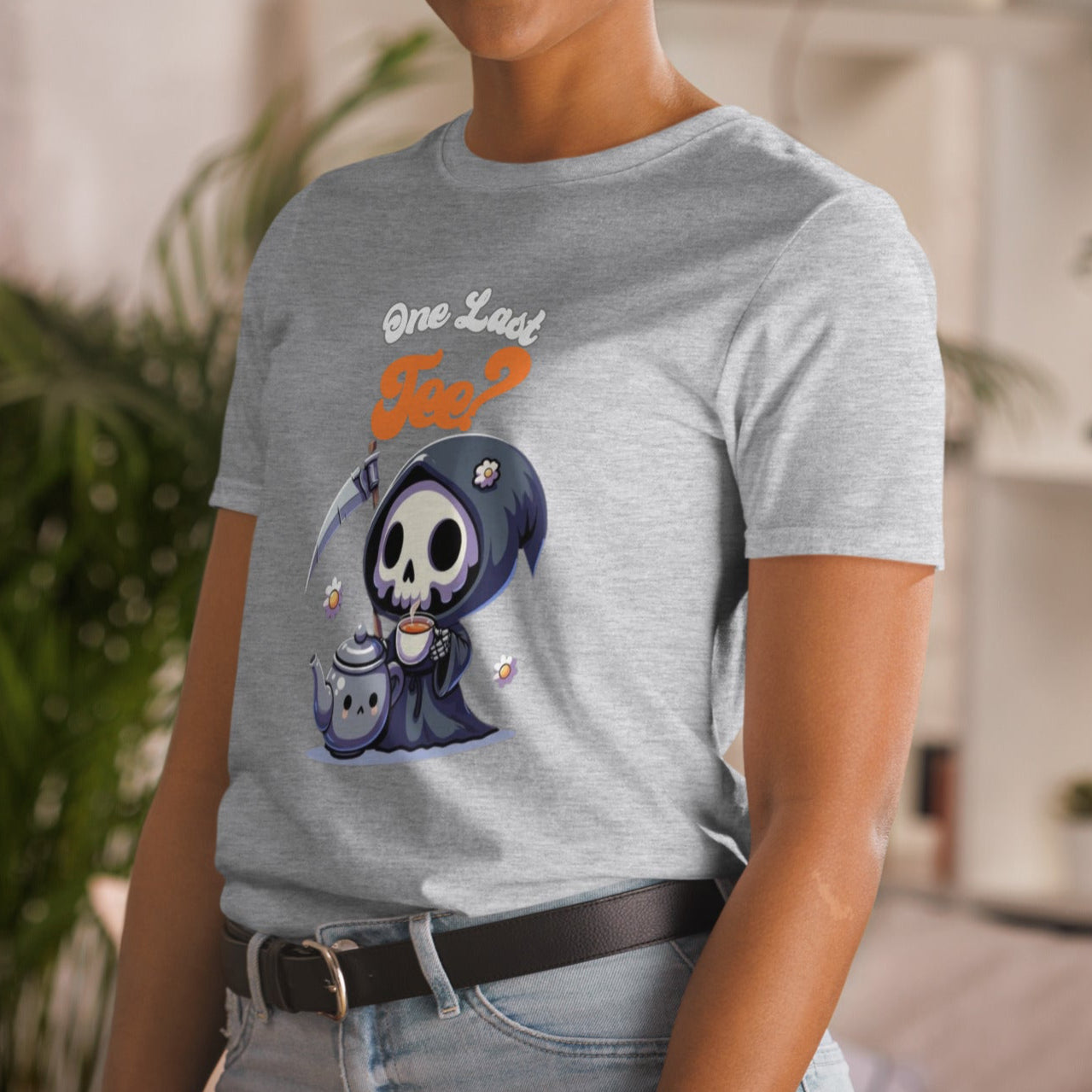 Design of a cute kawaii dark reaper enjoying a cup of tea. Short-Sleeve Unisex T-Shirt - DarkSongWear
