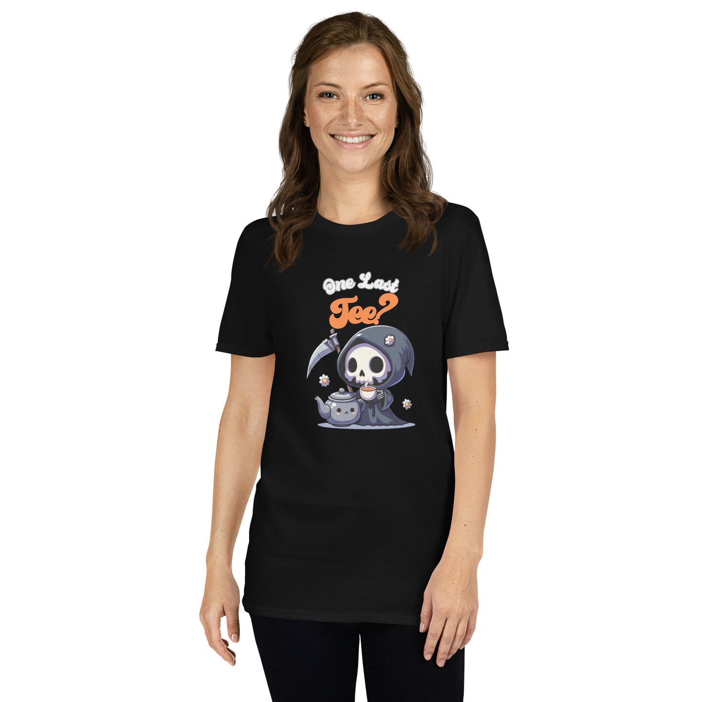 Design of a cute kawaii dark reaper enjoying a cup of tea. Short-Sleeve Unisex T-Shirt - DarkSongWear