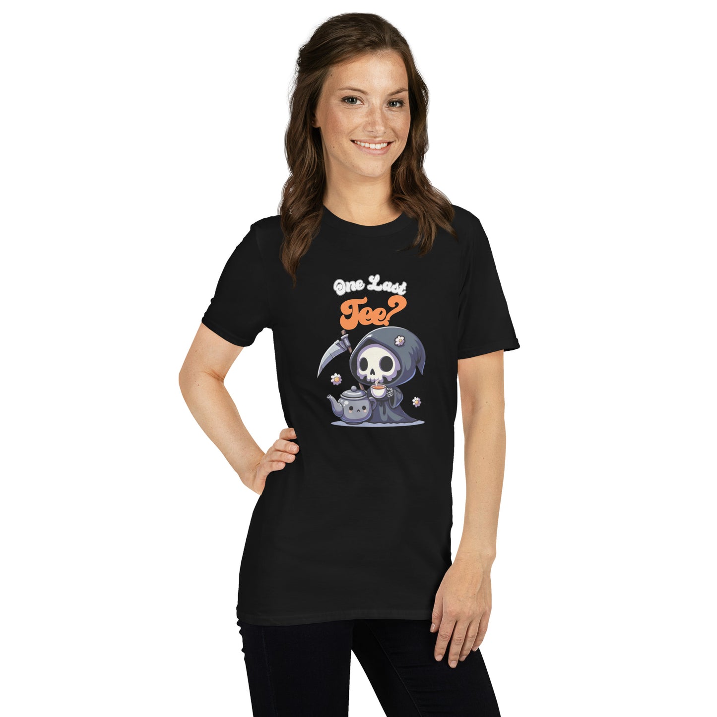Design of a cute kawaii dark reaper enjoying a cup of tea. Short-Sleeve Unisex T-Shirt - DarkSongWear