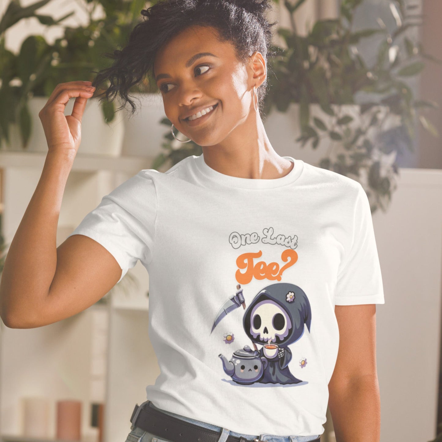 Design of a cute kawaii dark reaper enjoying a cup of tea Short-Sleeve Unisex T-Shirt - DarkSongWear