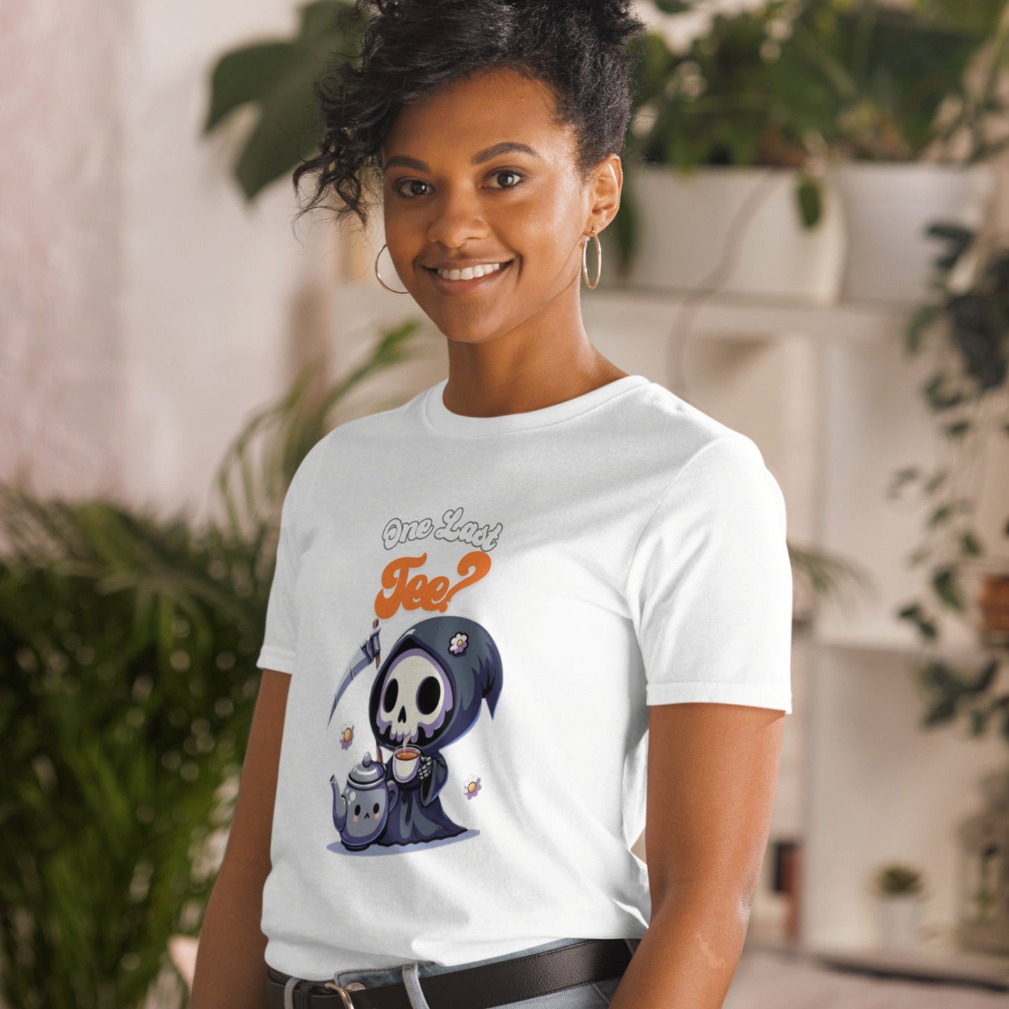 Design of a cute kawaii dark reaper enjoying a cup of tea. Short-Sleeve Unisex T-Shirt - DarkSongWear