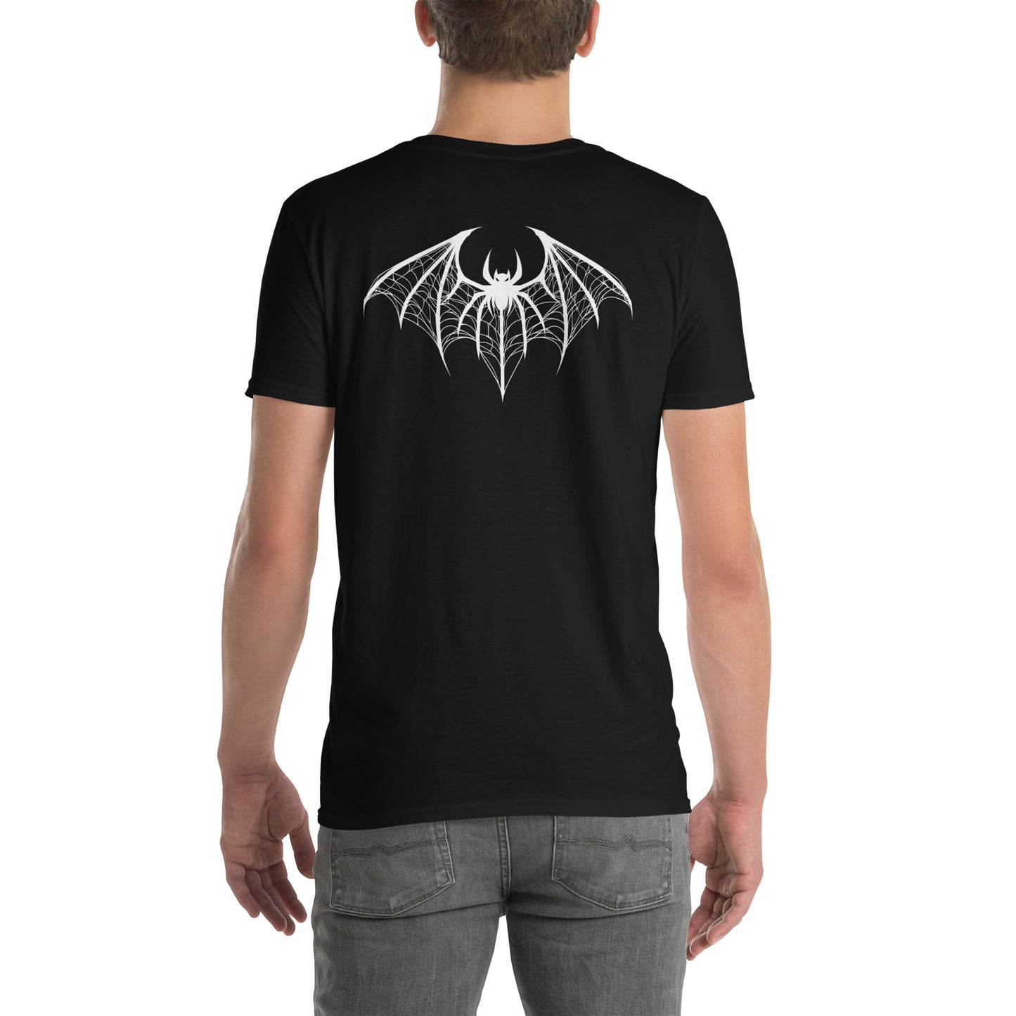 young white man wearing a black t-shirt with a white design of a spider-bat hybrid on the back. Perfect for those who love dark and unique aesthetics. Spiderbat Short-Sleeve Unisex T-Shirt - DarkSongWear