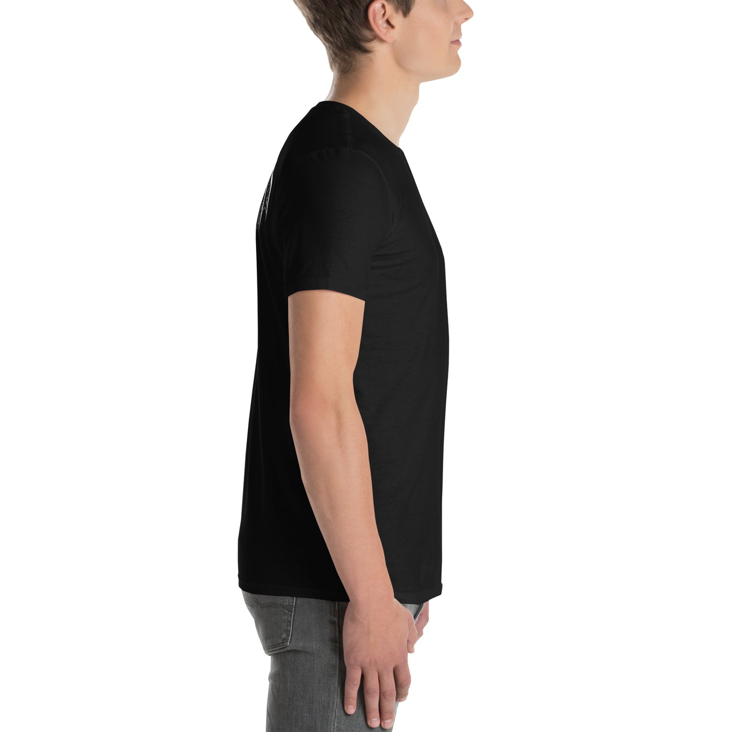 young white man wearing a black t-shirt with a white design of a spider-bat hybrid on the left chest. Perfect for those who love dark and unique aesthetics. Spiderbat Short-Sleeve Unisex T-Shirt - DarkSongWear
