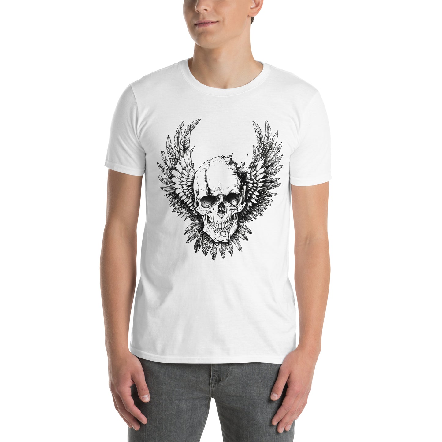 Feather Winged Skull White Short-Sleeve Unisex T-Shirt - DarkSongWear