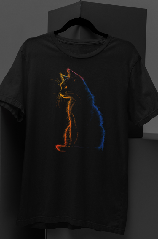 Silhouette design of a black cat sitting in orange and blue, perfect for gothic fashion, alternative clothing, and cat lovers. Ideal for black apparel Black Cat neon silouette - DarkSongWear