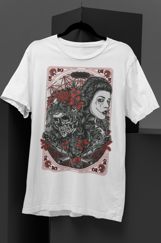 Gothic playing card-inspired design in red and white, featuring a Crow-style woman and a skull-painted femme fatale holding a revolver. Perfect for dark fashion, gothic art lovers, and alternative aesthetics Dead Lover White Unisex organic cotton t-shirt - DarkSongWear
