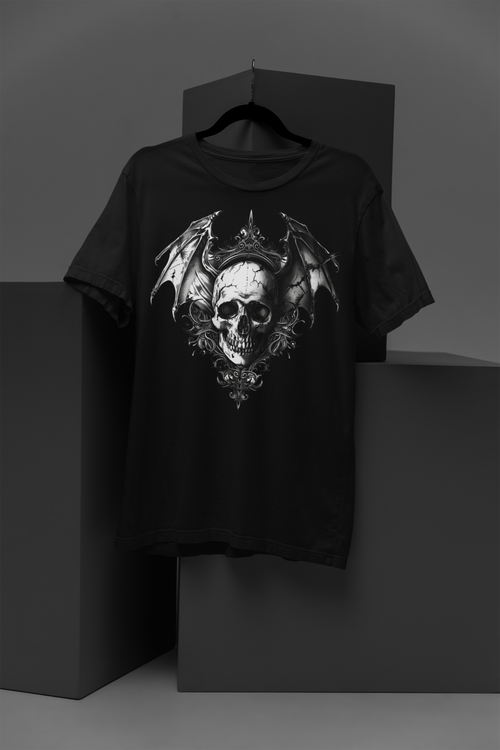 Gothic bat-winged skull with intricate dark ornaments, perfect for gothic fashion, occult aesthetics, and alternative streetwear. Gothic Bat Winged Skull Short-Sleeve Unisex T-Shirt - DarkSongWear