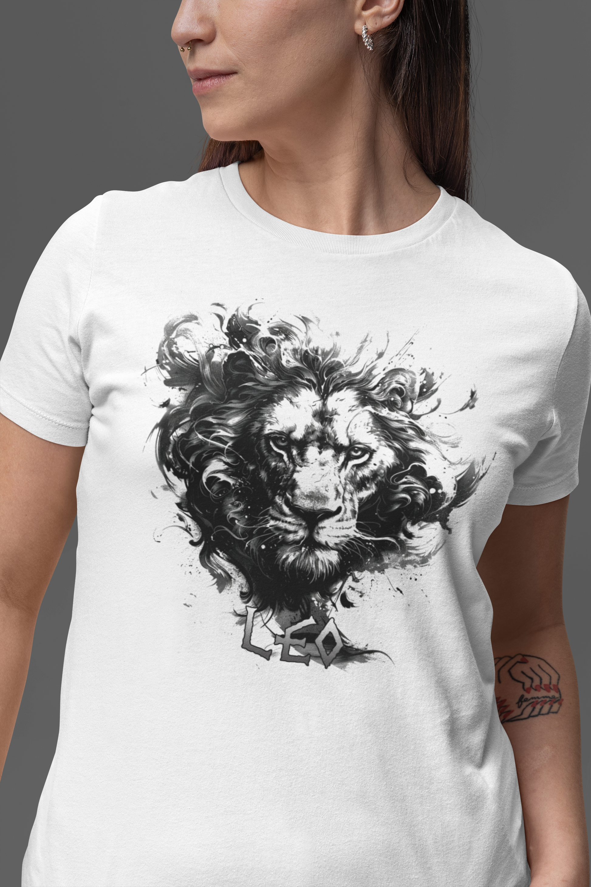 Black t-shirt featuring a vector art design of a lion’s head. A bold and stylish choice for  those seeking a powerful graphic design. The Zodiac Collection: LEO White Short-Sleeve Unisex T-Shirt - DarkSongWear