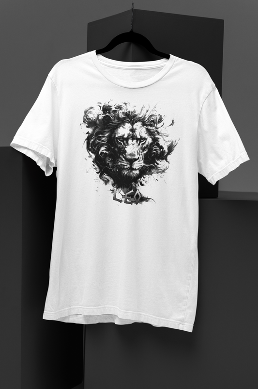 Black t-shirt featuring a vector art design of a lion’s head. A bold and stylish choice for  those seeking a powerful graphic design. The Zodiac Collection: LEO White Short-Sleeve Unisex T-Shirt - DarkSongWear