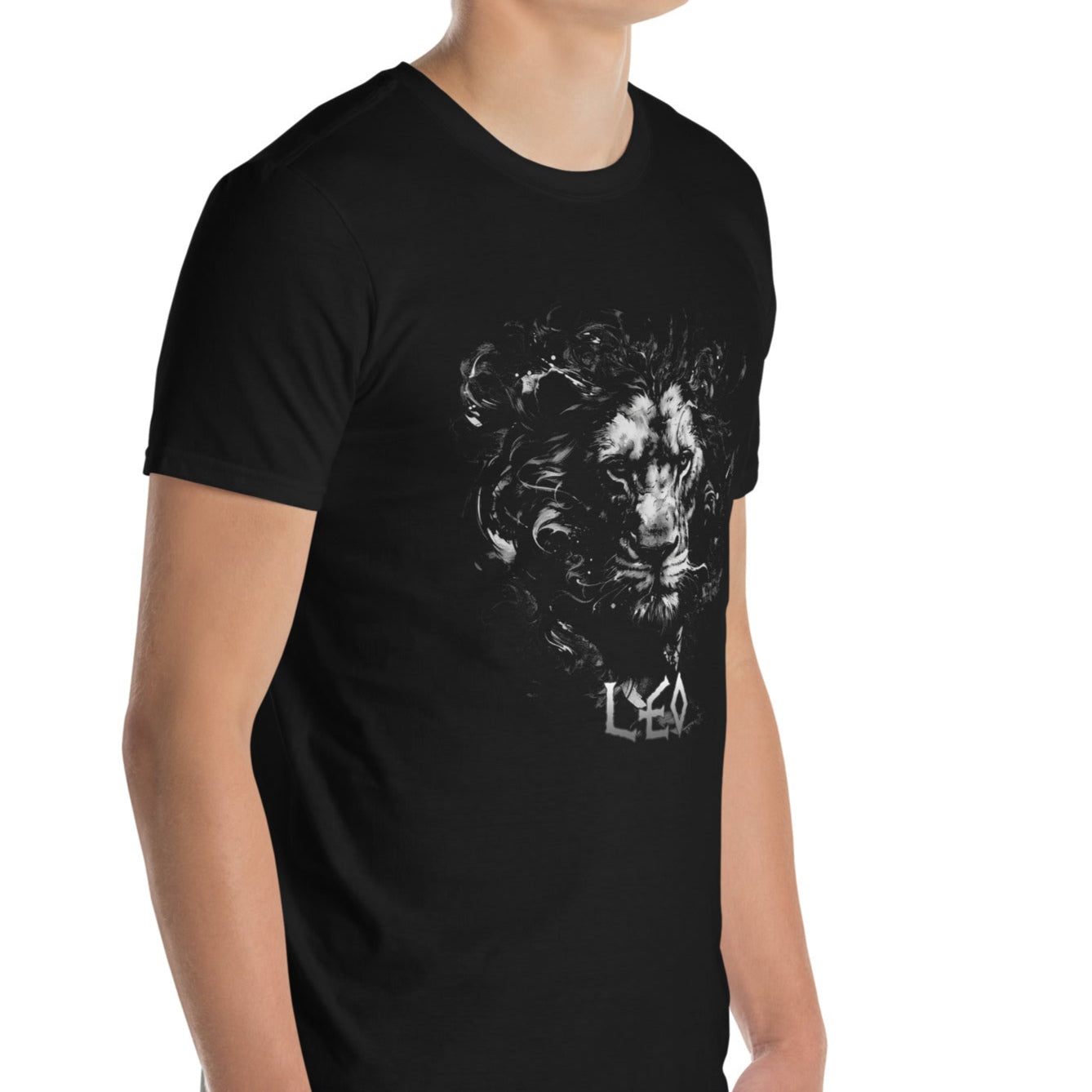 Black t-shirt featuring a vector art design of a lion’s head. A bold and stylish choice for  those seeking a powerful graphic design. The Zodiac Collection: LEO Short-Sleeve Unisex T-Shirt - DarkSongWear