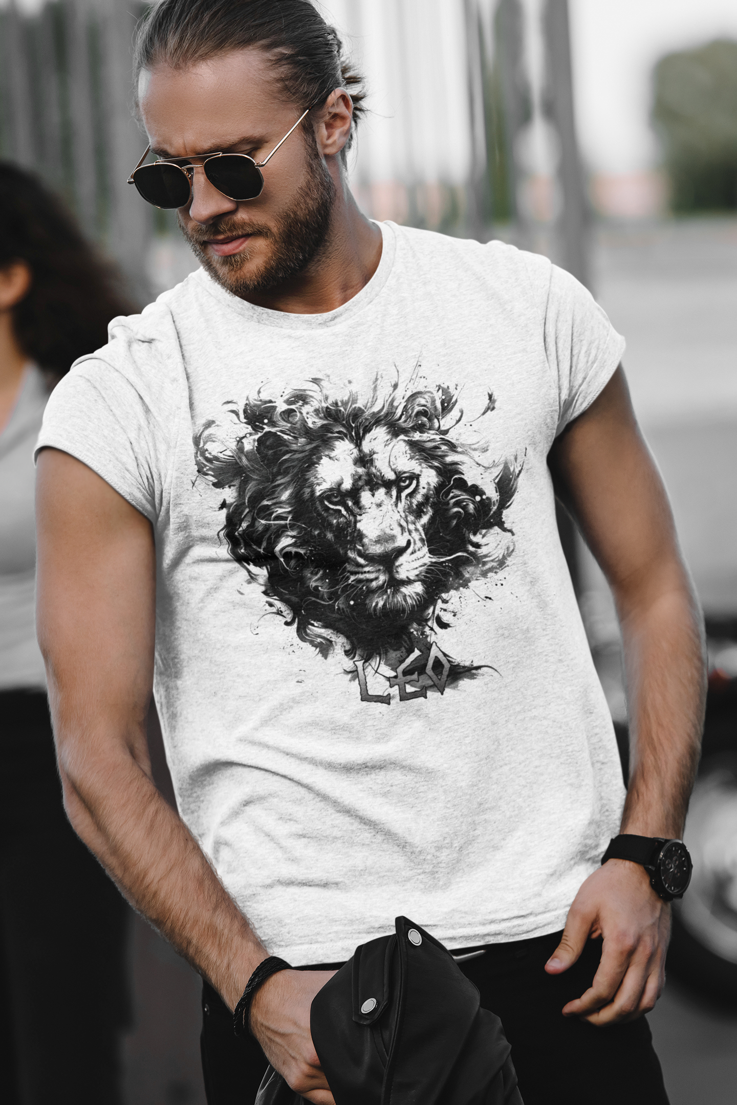 Black t-shirt featuring a vector art design of a lion’s head. A bold and stylish choice for  those seeking a powerful graphic design. The Zodiac Collection: LEO White Short-Sleeve Unisex T-Shirt - DarkSongWear