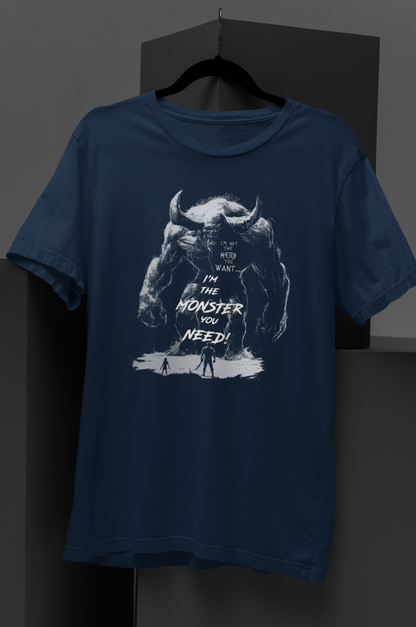 A white-on-black illustration of a gigantic horned demon wielding a club, facing a tiny human figure. Symbolizing the inner monster that must be unleashed at times. Perfect for dark gothic art, occult aesthetics, and alternative fashion.I'm Not The Hero You Want - DarkSongWear