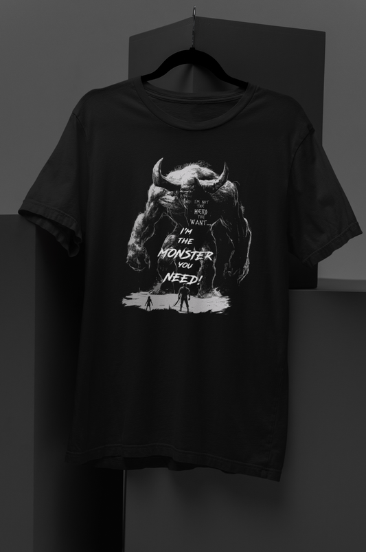 A white-on-black illustration of a gigantic horned demon wielding a club, facing a tiny human figure. Symbolizing the inner monster that must be unleashed at times. Perfect for dark gothic art, occult aesthetics, and alternative fashion.II'm Not The Hero You Want - DarkSongWear