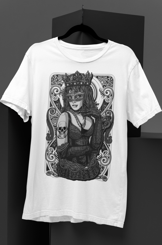 Dark gothic t-shirt featuring an intricate playing card back design with a Queen of Death illustration. Perfect for gothic fashion, occult aesthetics, and dark fantasy lovers. Queen of Death White Short-Sleeve Unisex T-Shirt - DarkSongWear
