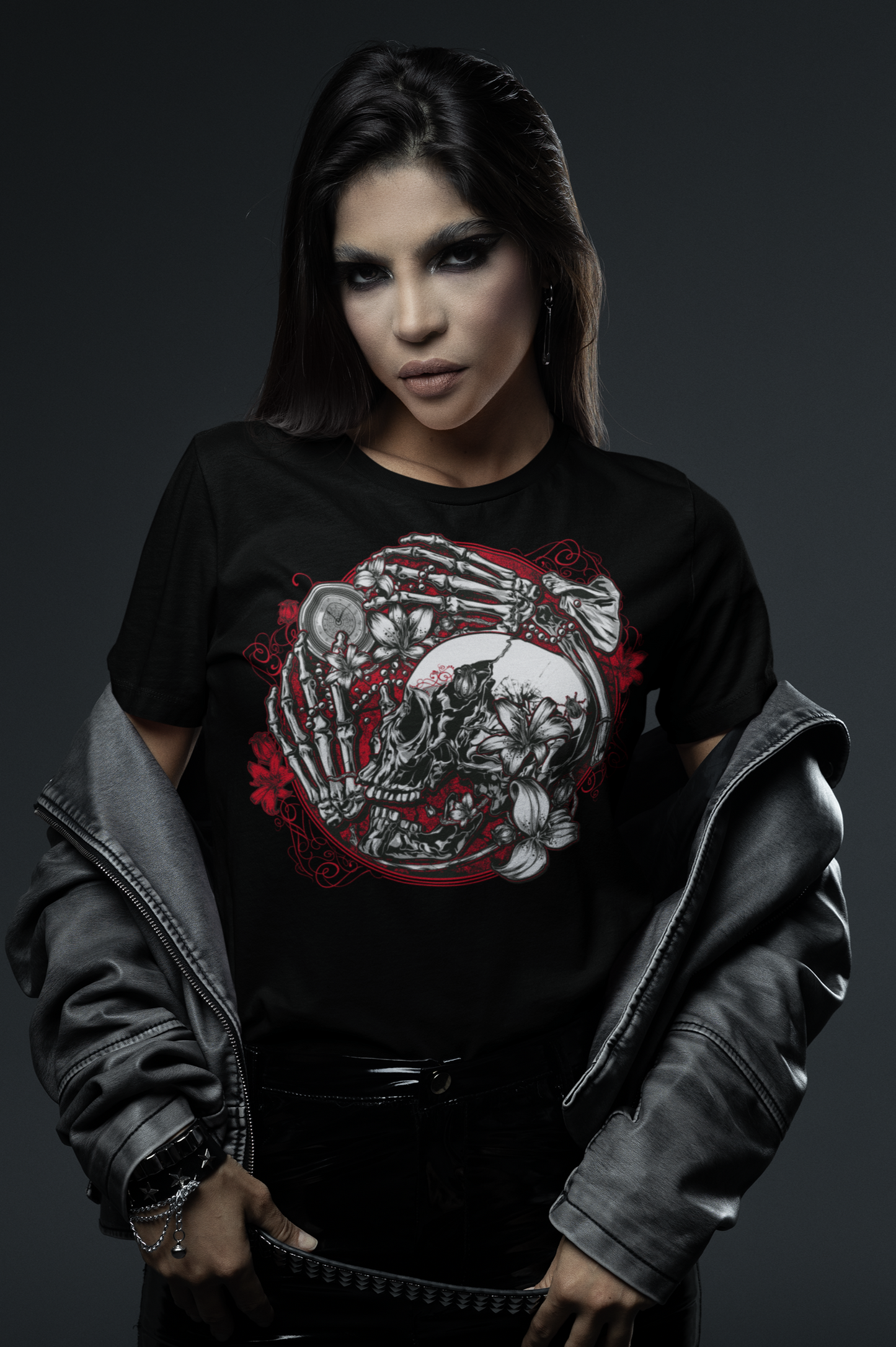 Dark gothic t-shirt featuring a skull and clock design symbolizing the fleeting nature of time. Perfect for gothic style, skull clothing, and alternative culture lovers. Tempus Fugit Short-Sleeve Unisex T-Shirt - DarkSongWear