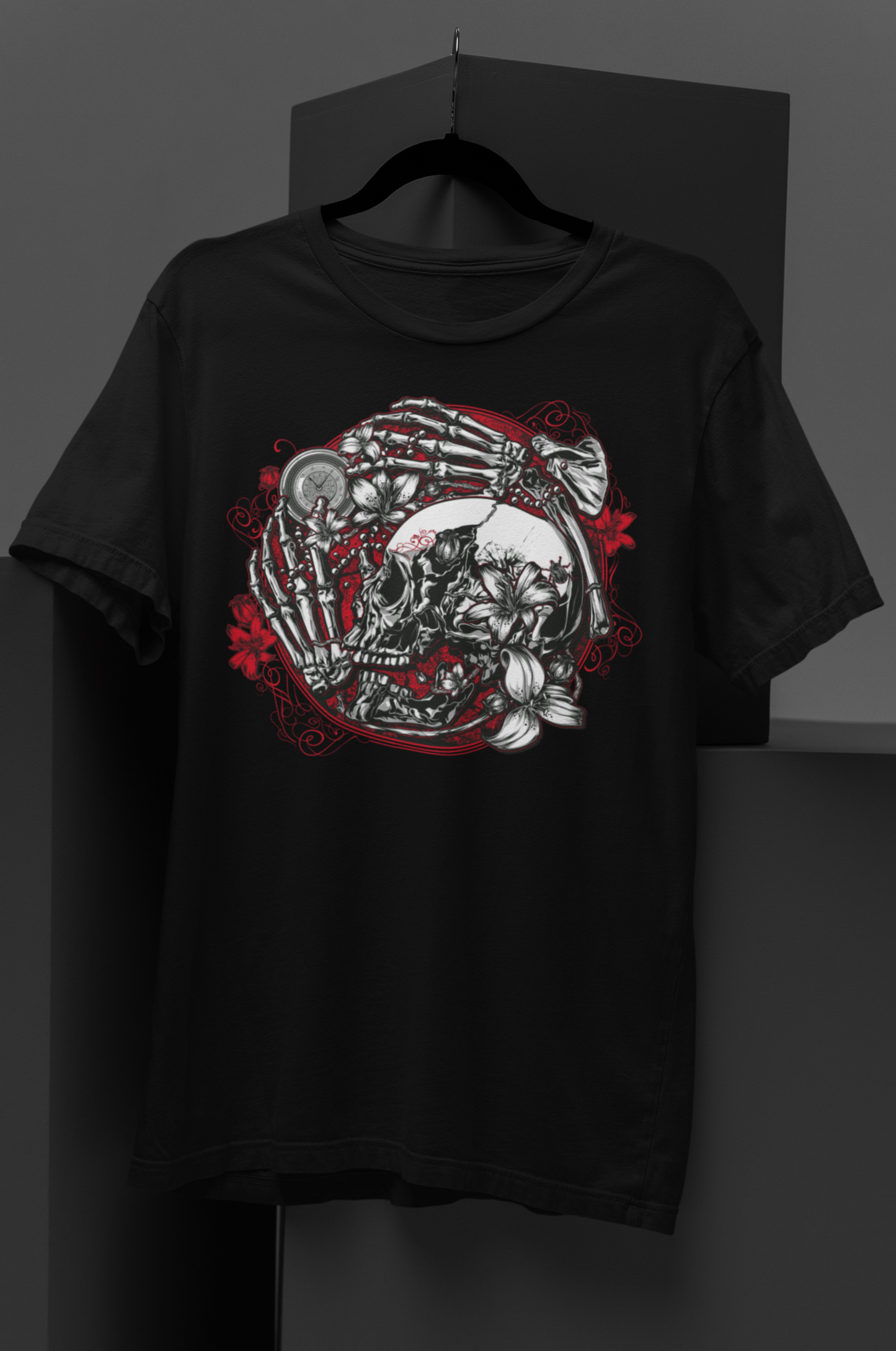 Dark gothic t-shirt featuring a skull and clock design symbolizing the fleeting nature of time. Perfect for gothic style, skull clothing, and alternative culture lovers. Tempus Fugit Short-Sleeve Unisex T-Shirt - DarkSongWear