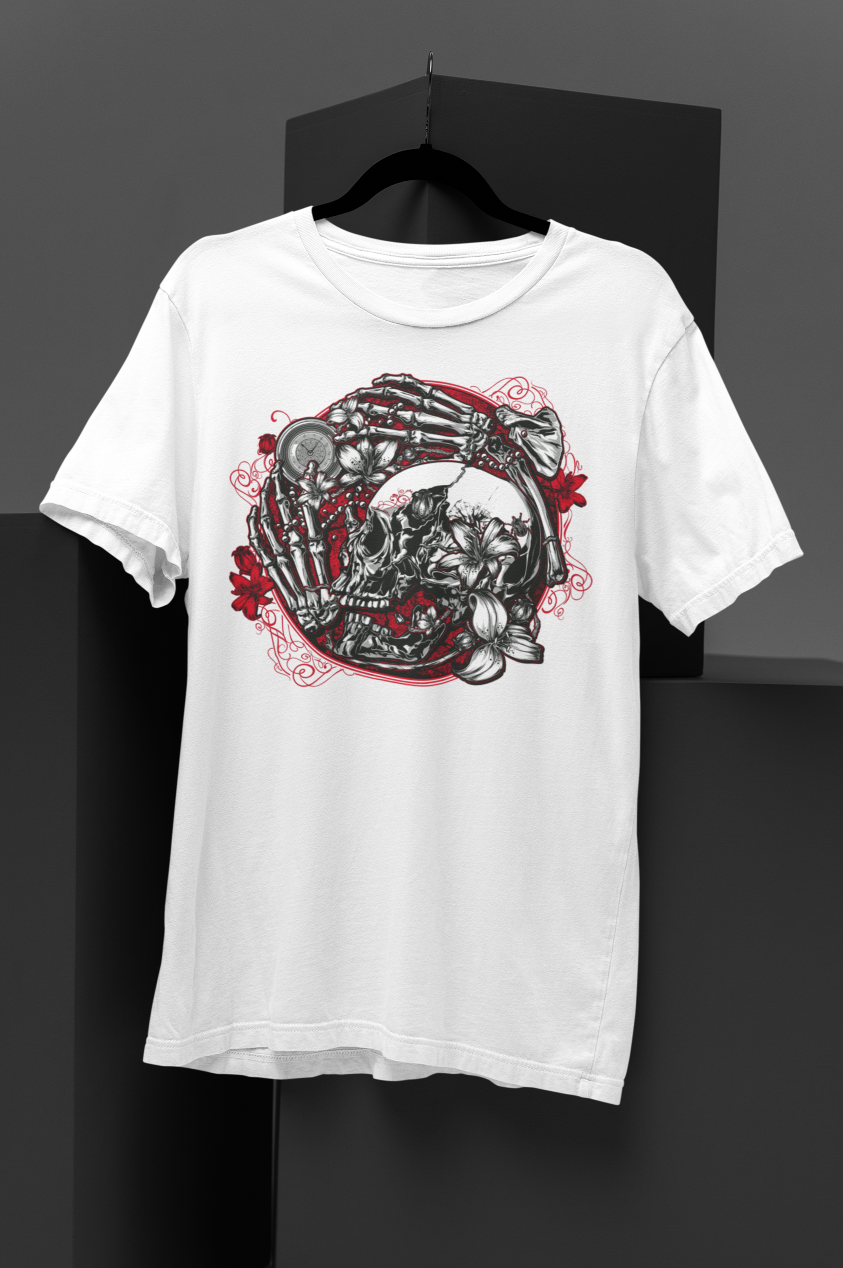 Dark gothic t-shirt featuring a skull and clock design symbolizing the fleeting nature of time. Perfect for gothic style, skull clothing, and alternative culture lovers. Tempus Fugit White Short-Sleeve Unisex T-Shirt - DarkSongWear