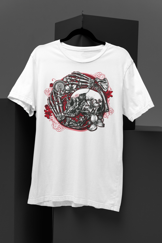 Dark gothic t-shirt featuring a skull and clock design symbolizing the fleeting nature of time. Perfect for gothic style, skull clothing, and alternative culture lovers. Tempus Fugit White Short-Sleeve Unisex T-Shirt - DarkSongWear