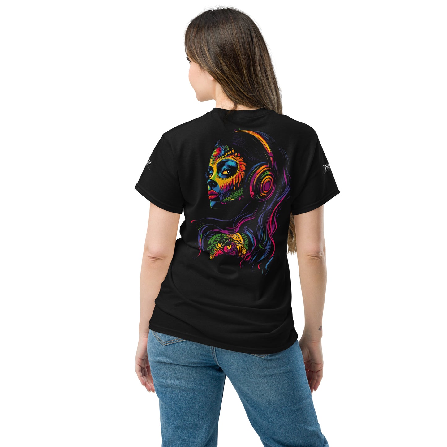 Neon Woman with Headphones Camiseta clásica unisex