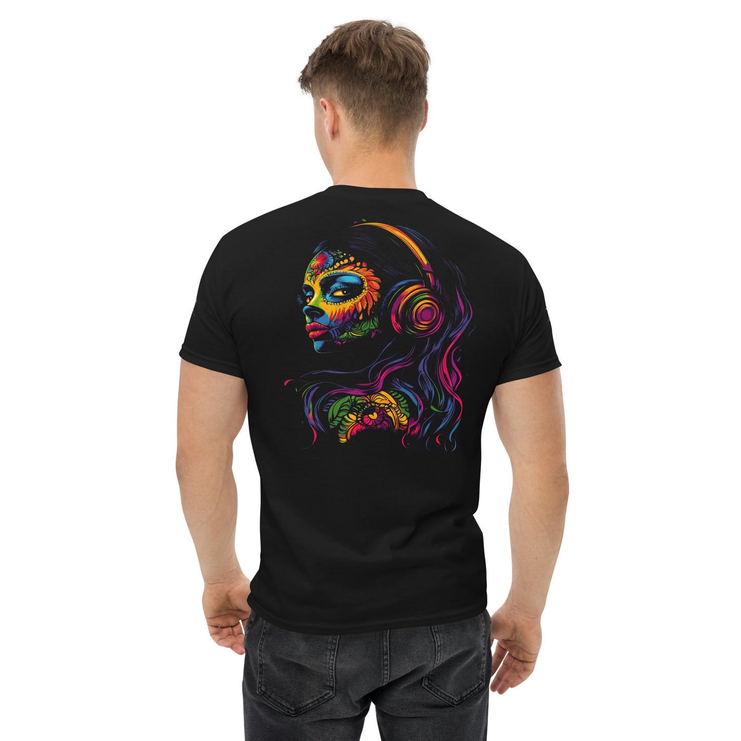 Neon Woman with Headphones Camiseta clásica unisex